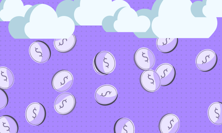 Purple background with white clouds at the top "raining" coins