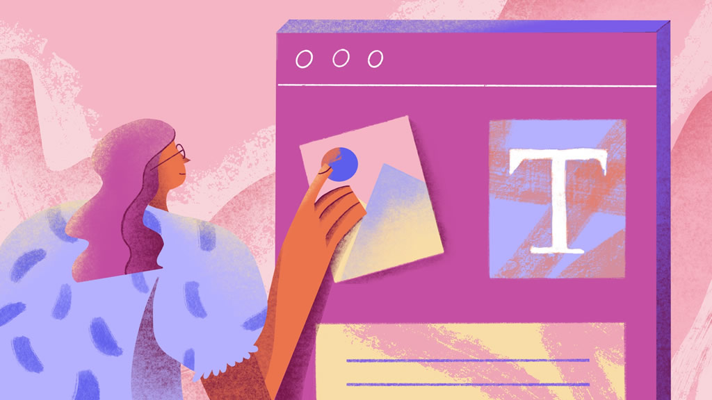 Pink gradient with woman in front of abstract website moving website elements for eCommerce Store