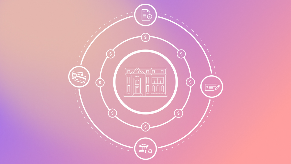 pink/purple/orange gradient with three outer circles and a bank image in the middle. inner most circle is solid, second has 8 icons with money symbols pictured, and third has 4 icons picturing checks, credit cards, credit cards and a bank with cash.