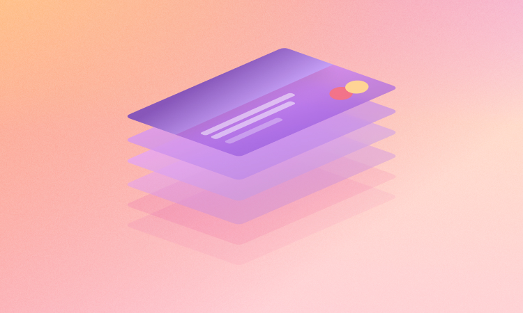 Yellow orange gradient with purple colored credit card stack representing the layers of credit card processing fees including the interchange fee