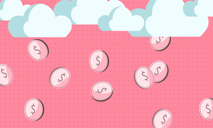 Pink background with clouds at top "raining" money coins