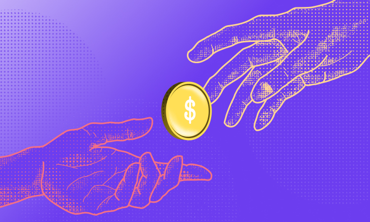 Blue and purple gradient with two hands on bottom and top left and right corners respectively, outstretched passing a gold coin with outstretched hands.