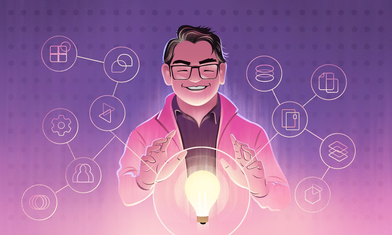 Dagan Cardinal, head of product at Helcim, pictured holding a lightbulb with a web or concepts floating around him. 