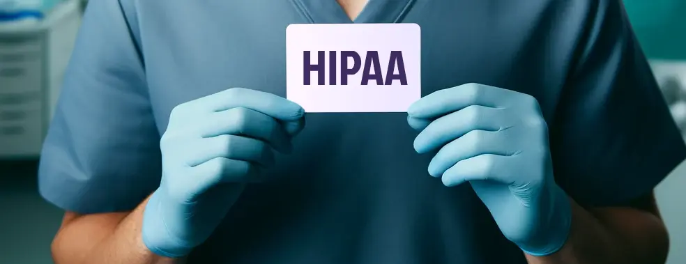 A healthcare professional holding a card that reads HIPPA