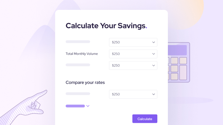 purple and orange gradient with an icon of a hand using a calculator and an image of the web tool with fields a merchant can input to calculate their custom rates