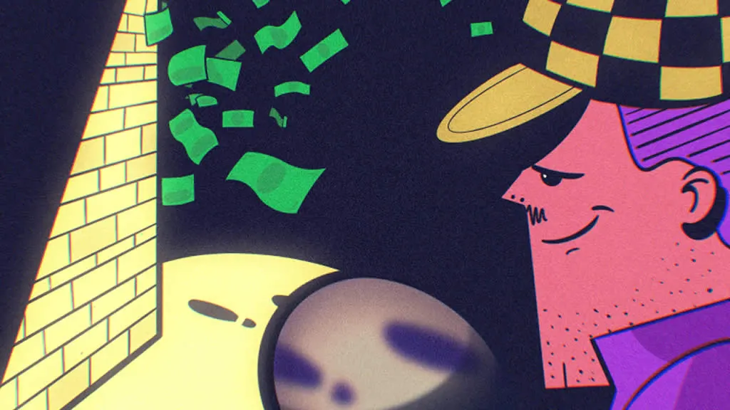 Image with a brick wall pictured left, rounding a corner with footprints and a trail of money veering off behind it. To the right, there is a detective with a magnifying glass following the trail of clues.