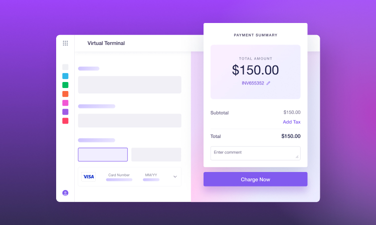 Image of a Virtual Terminal Dashboard with a payment summary of $150.00, total, invoice number, subtotal, comment options, and a "charge now" button.