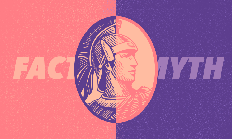 AMEX spartan with orange and purple background with fact and myth words depicted on either side