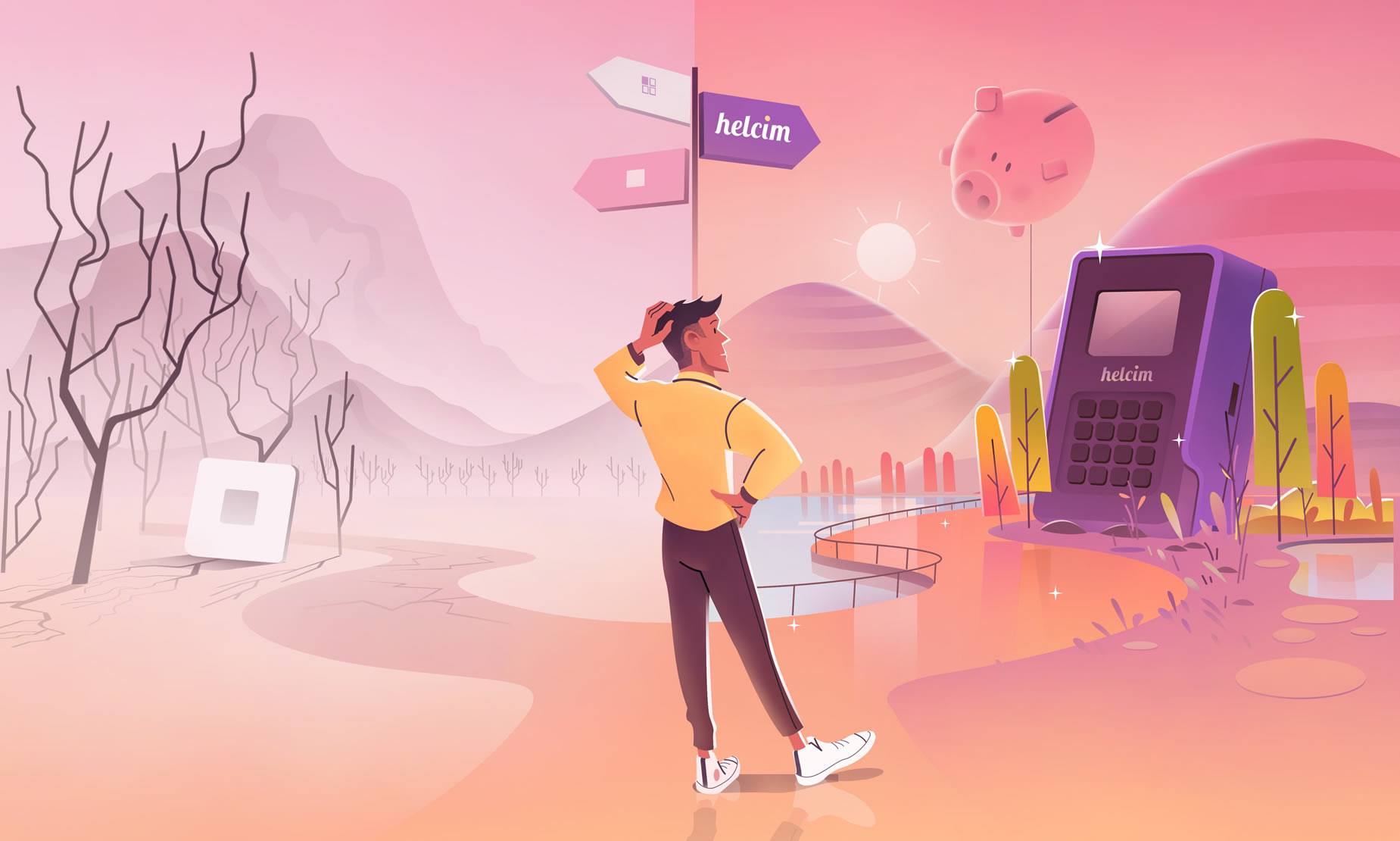 Man standing at a fork in the road looking at a road sign which points to helcim on one side and a bleak pathway on the other