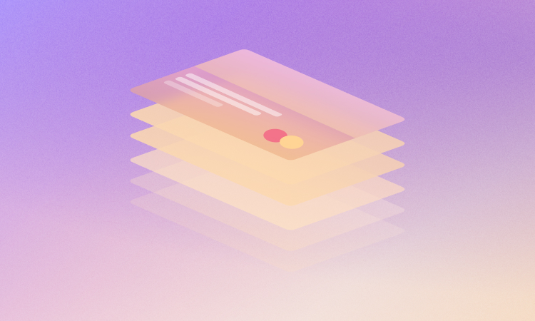 Abstract image of purple to pink vertical gradient with layers of credit card hovering above