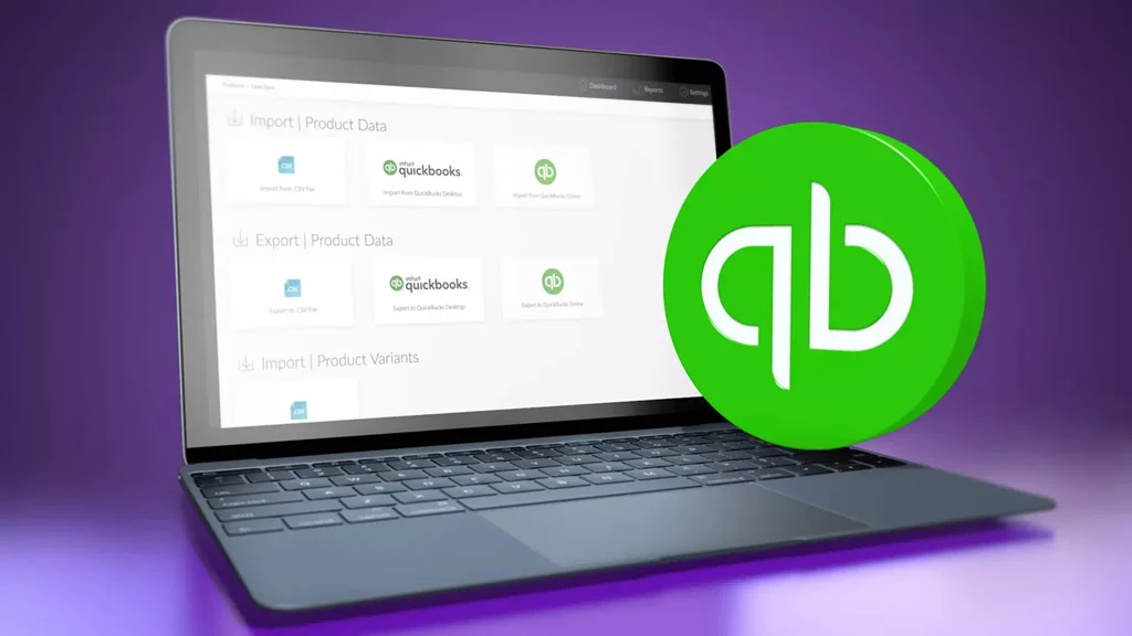 quickbooks logo and a helcim dashboard