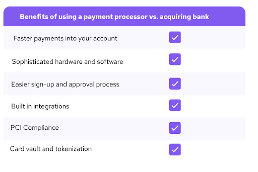 benefits of accepting payments with payment processors vs acquiring banks