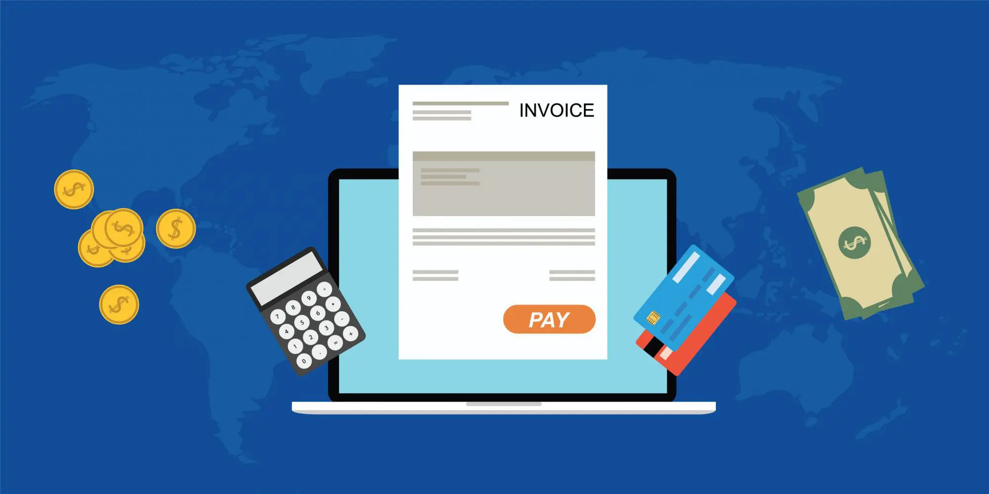 Recurring Payments Art showing an invoice, credit cards and money