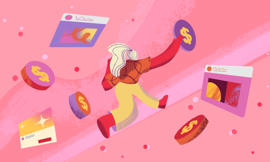 Graphic design image picturing a conceptual image of a woman walking and grabbing a coin amongst icons of web browser screens, a credit card, and coins.