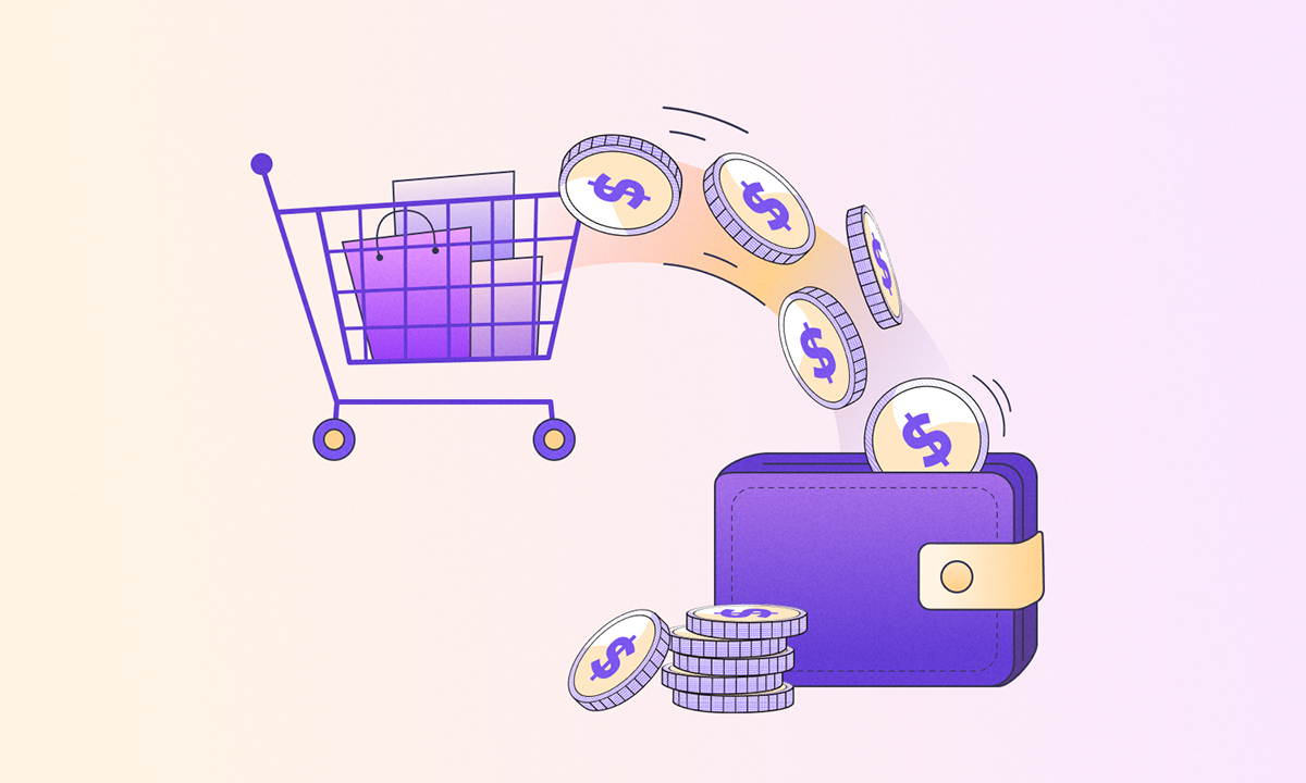 Shopping cart siphoning money into a wallet.