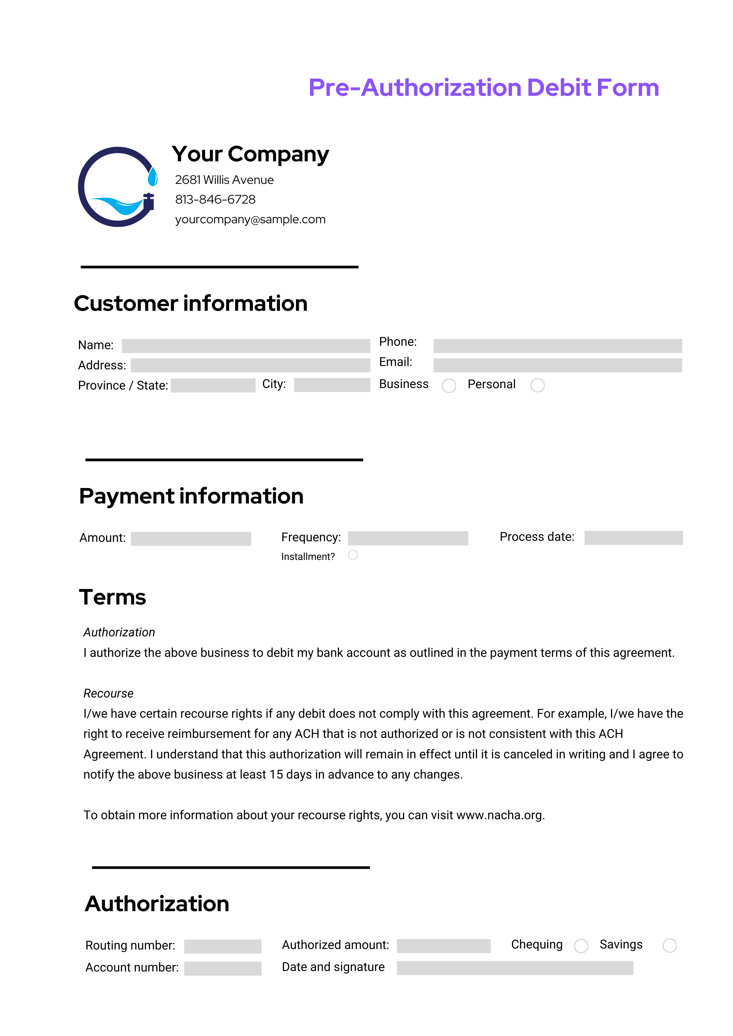 Pre-authorized ACH authorization form template