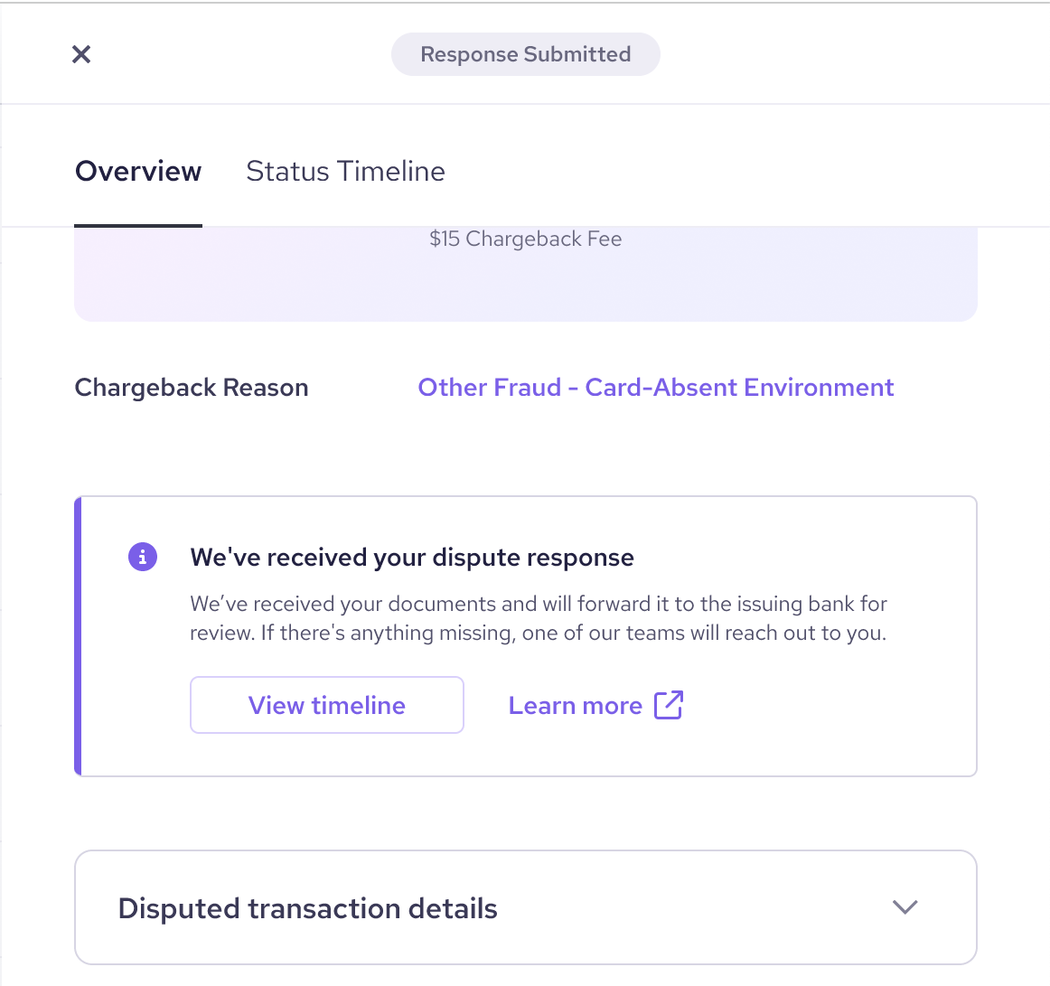 The success message shows that payment processors receive the merchant's evidence