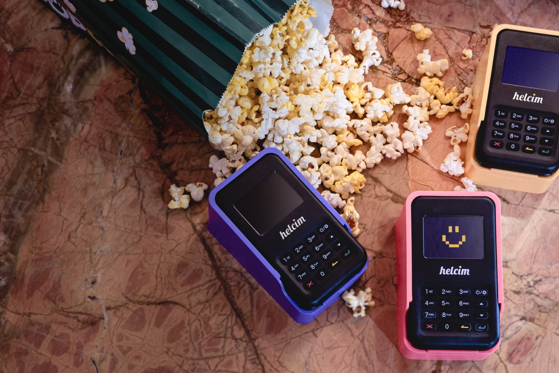 Helcim coloured card readers with popcorn