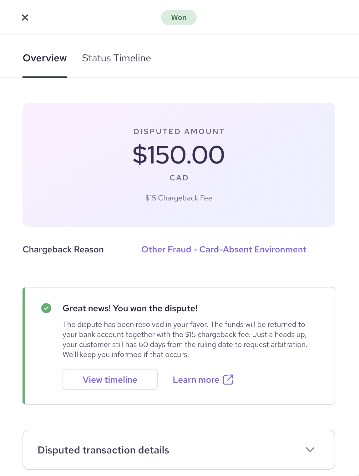 The notification shows that the merchant win the chargeback dispute