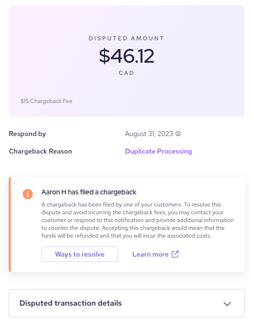 Chargeback notification that display the chargeback reason, customer name, and amount