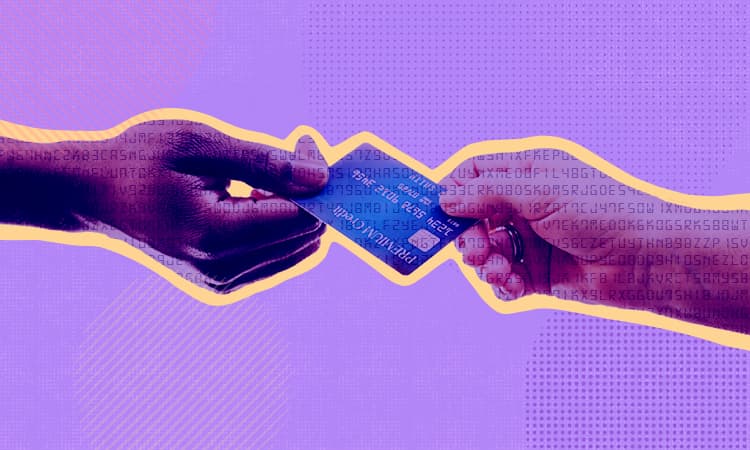 Purple gradient of two hands passing a credit card