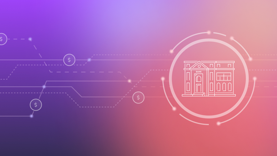 purple to pink gradient with network dotted lines travelling in and out of a graphic design of a bank. This shows the flow of money in different mediums.