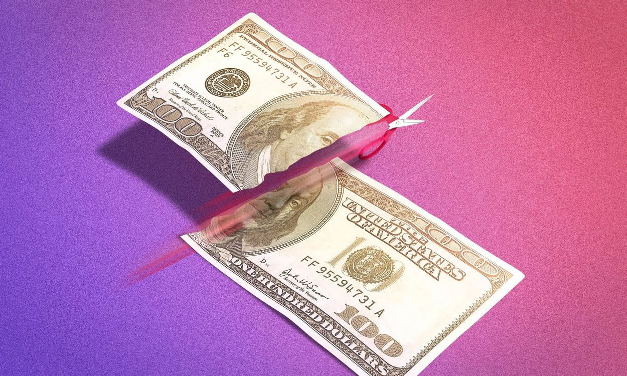 purple to pink horizontal gradient with $100 bill cut in half in the centre of the image