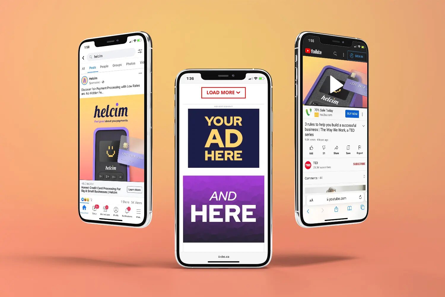 Three Phones displaying various Helcim digital advertisements