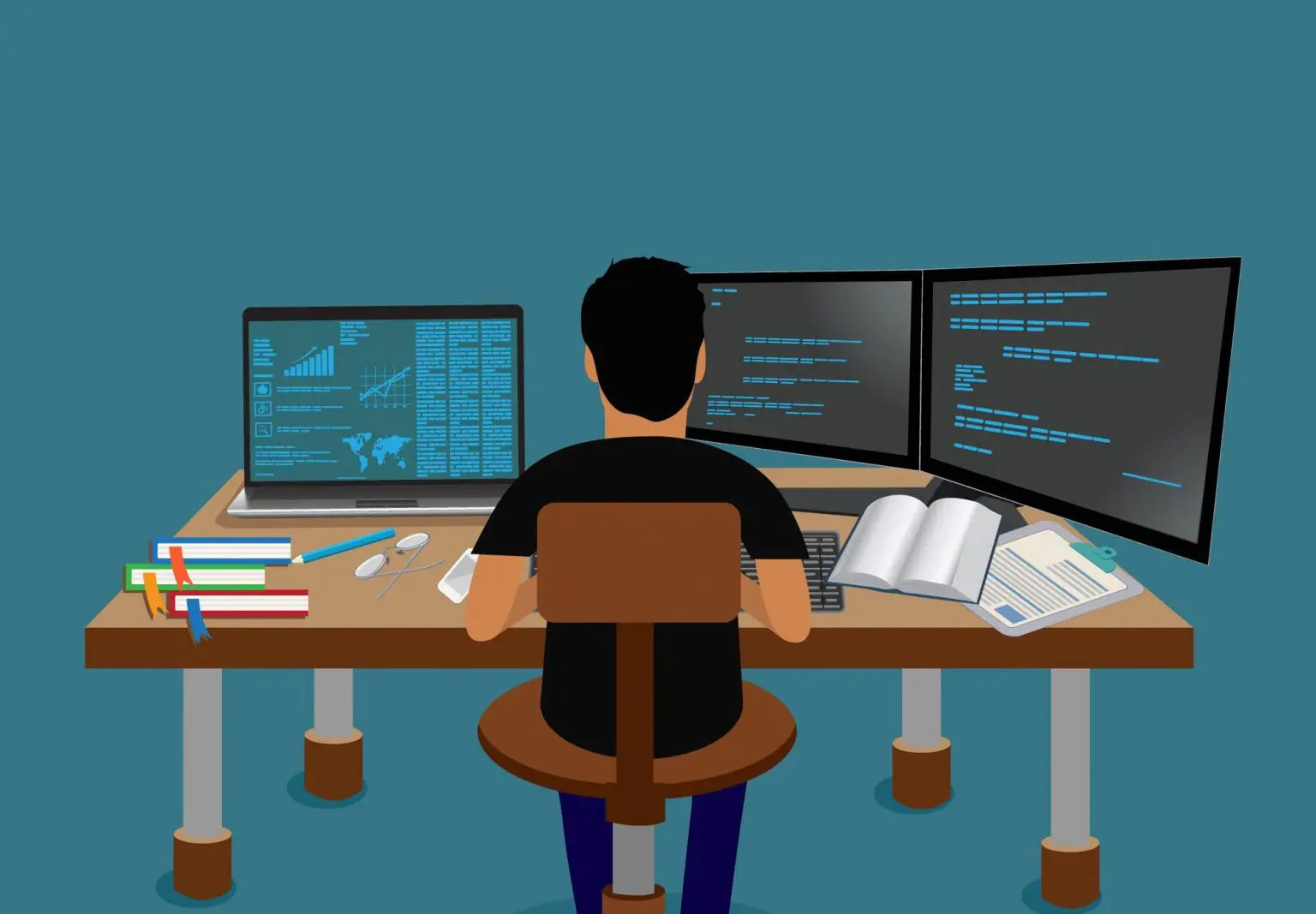 Cartoon person sitting at a desk working at a computer