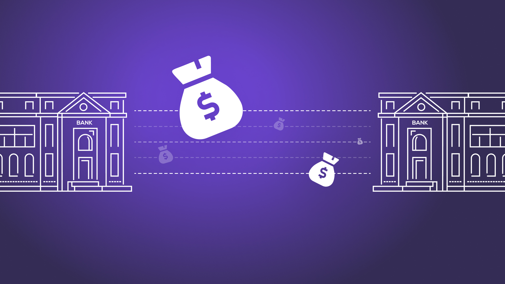 Purple background with two graphics of banks on either side with dotted lines and money bag graphics placed between to signify electronic money transfers between financial institutions.