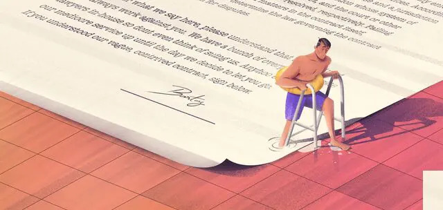 swimmer using ladder on side on pool which is altered to look like the terms and conditions of a contract