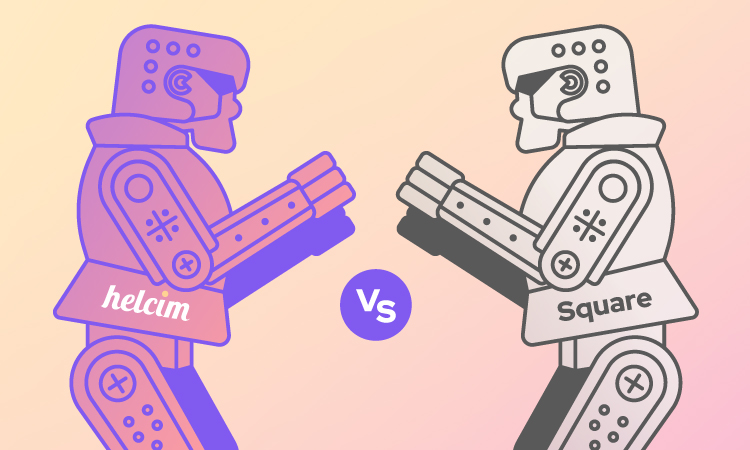 Two robots face off in a battle, Helcim vs. Square. 