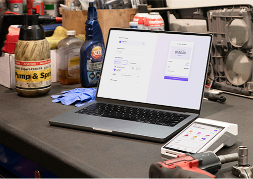 Laptop on desk at the garage