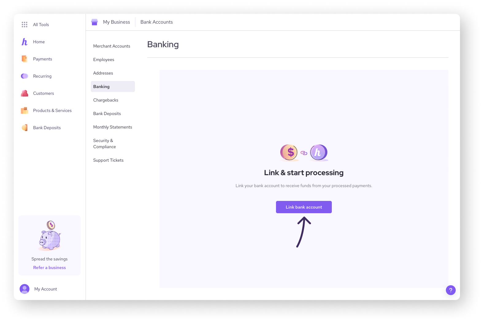 Link business bank with Helcim