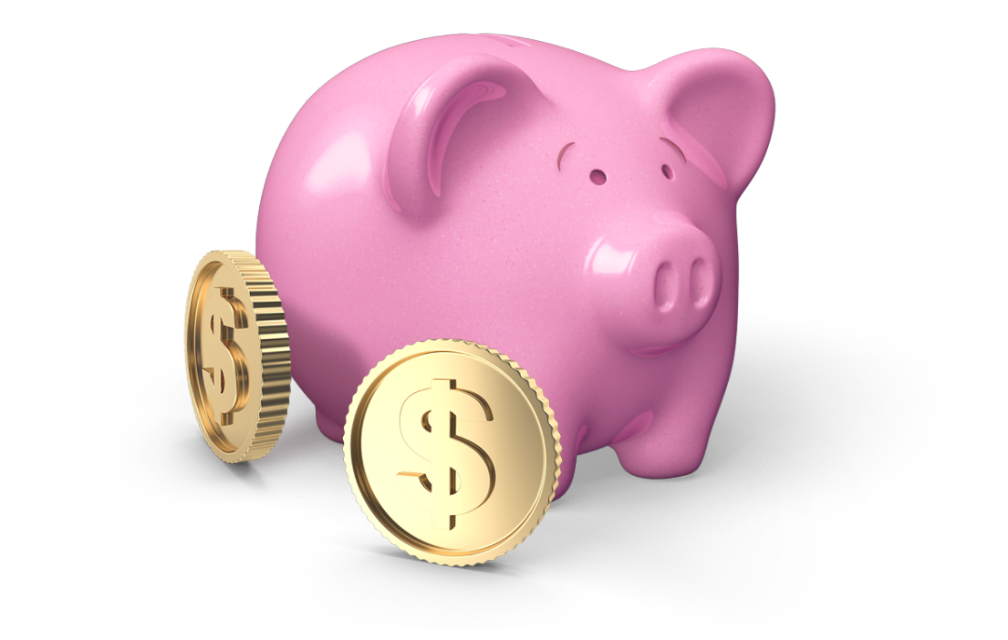 a piggy bank standing next to two coins