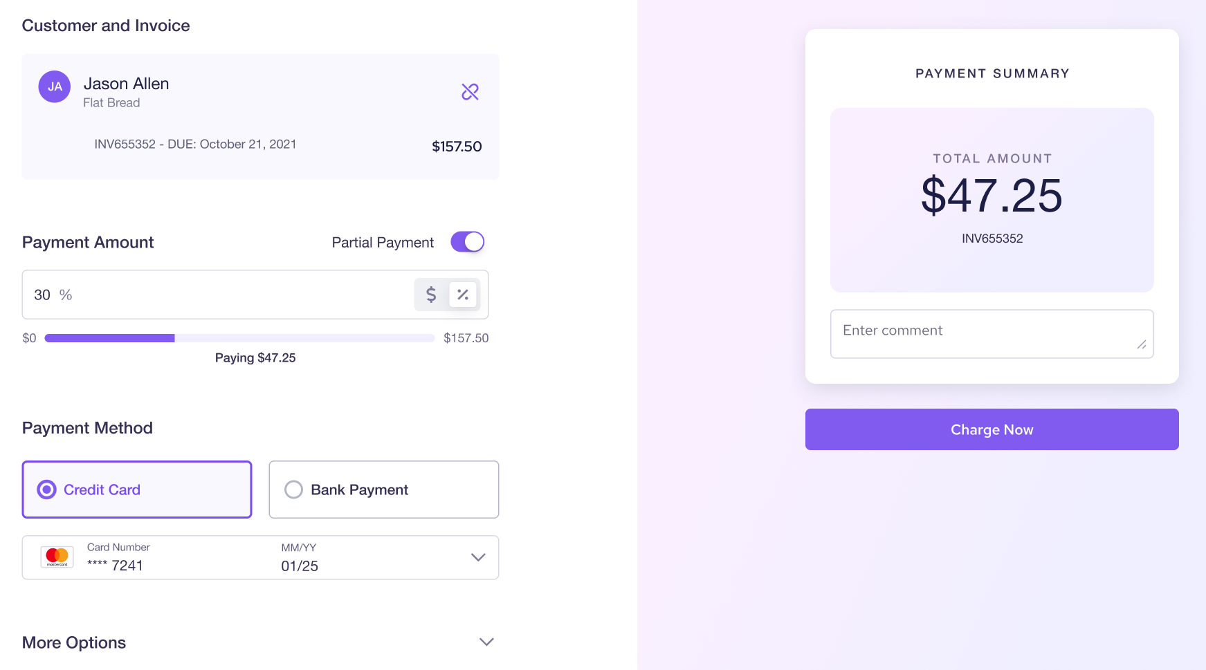 collect advance payments with a percentage amount