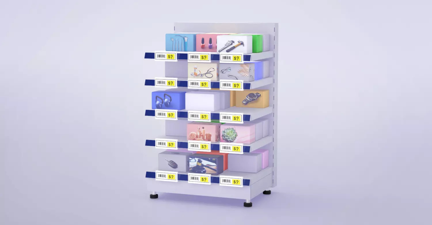 a shelf with various products and a range of prices