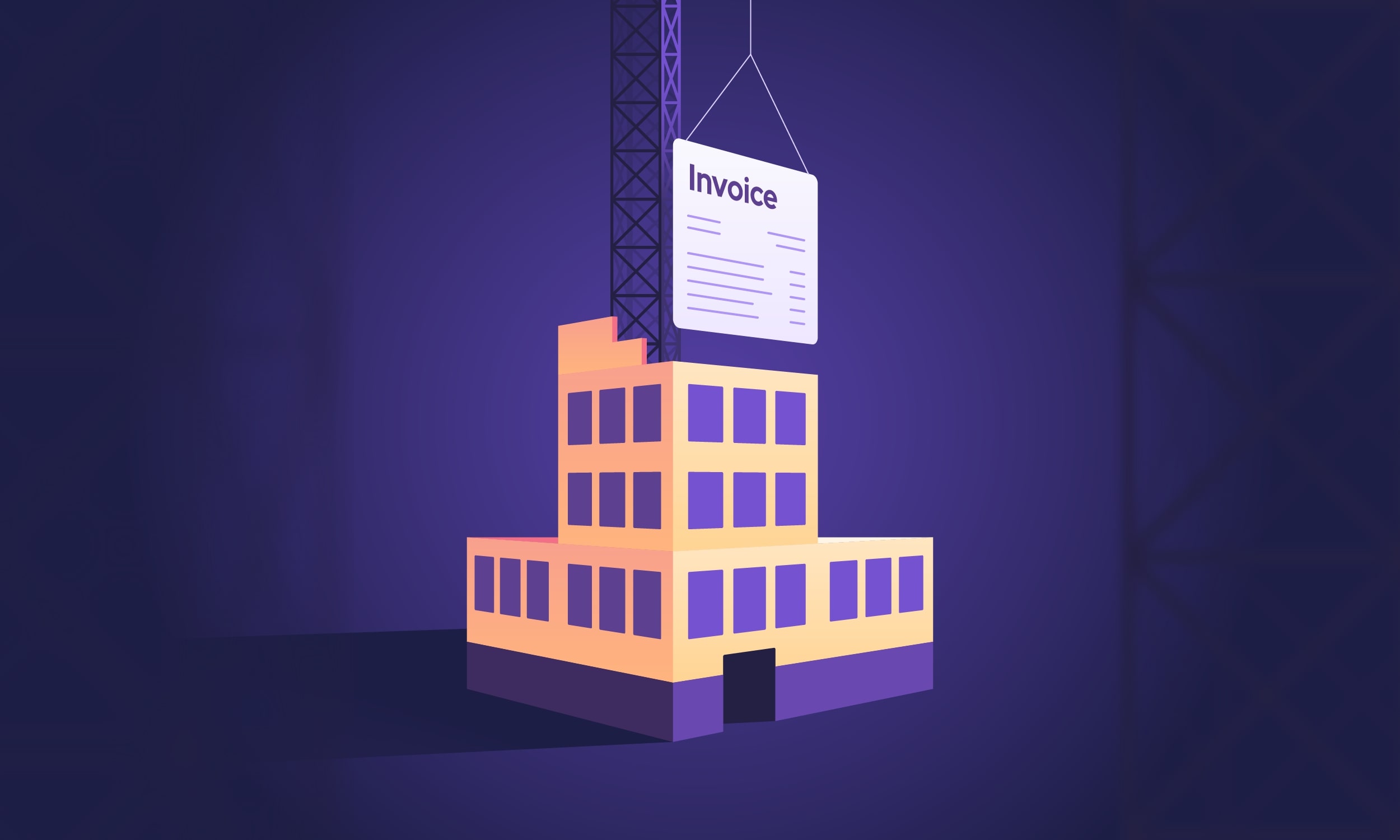 Purple background with building in centre in construction. A crane hovers building block of an invoice over top of building implying the invoice arrives at stages of project completion.