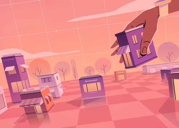 an illustration of a hand playing chess with small business styled pieces