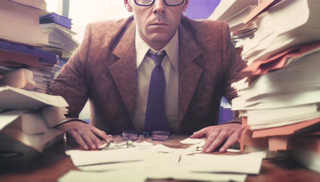 Insurance broker surrounded by piles of paper at desk