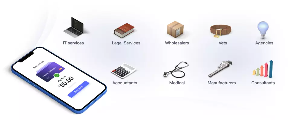 A phone displaying PAY NOW button and list of service based businesses