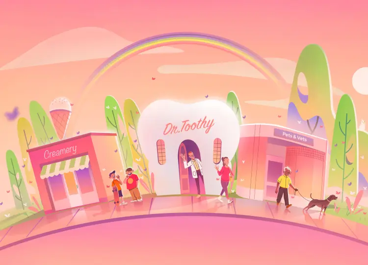 An illustration of a street with an ice cream shop, a dental office and a veterinarian clinic