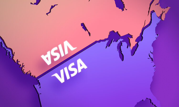 Canada in pink and U.S. in purple with Visa letters printed on both in opposing directions to symbolize them going up against one another conceptually