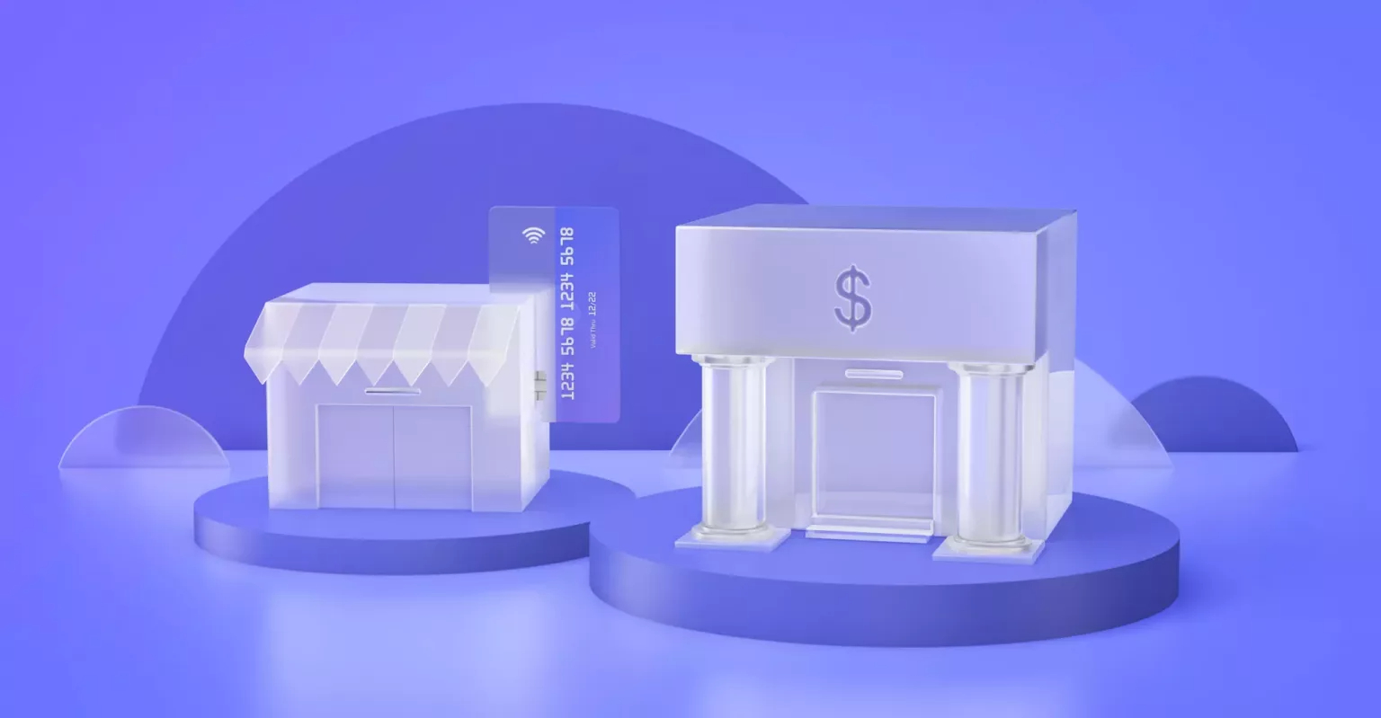 A 3d render of a building accepting a credit card swipe next to a bank