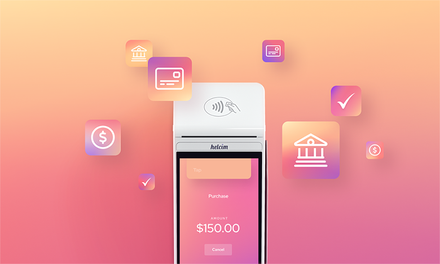 Helcim Smart Terminal surrounded by digital payment processing icons