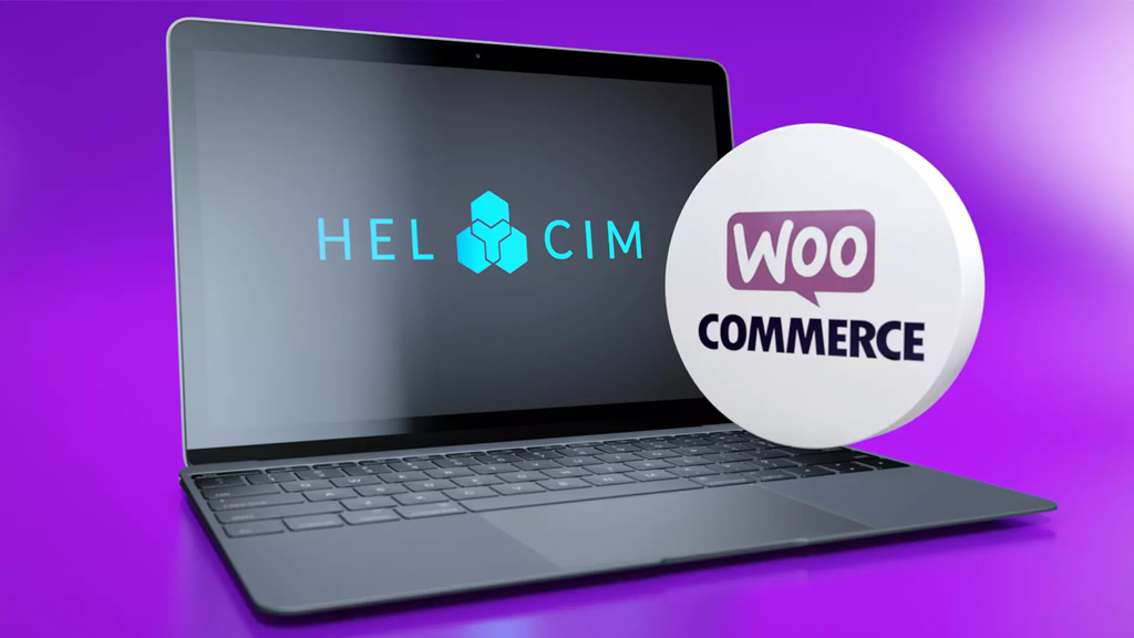 Helcim logo on a laptop with the Woo Commerce logo hovering above